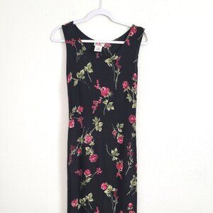 Vintage R&K Original 100% Rayon Black Floral Midi Sun Dress Size 8